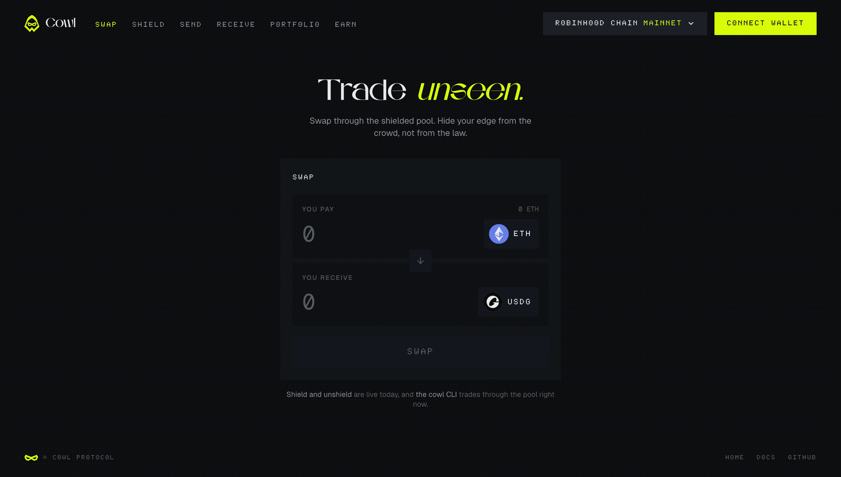 The Cowl app on Robinhood Chain mainnet